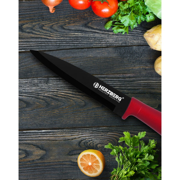 Herzberg HG-MSN8SLV: Ensemble de 8 couteaux avec support en acrylique - Rouge