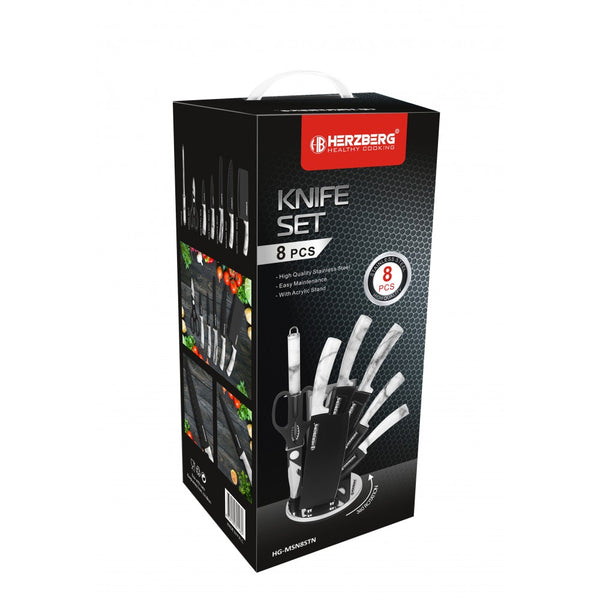 Herzberg HG-MSN8SLV: Ensemble de 8 couteaux avec support en acrylique - Pierre