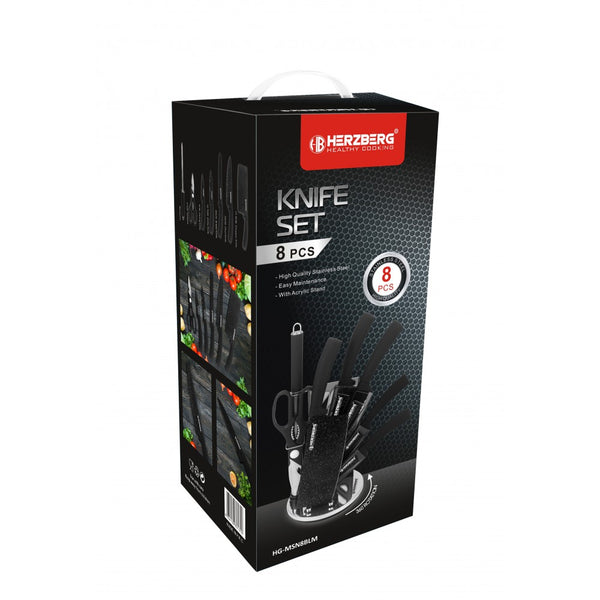 Herzberg HG-MSN8BLK: Ensemble de 8 couteaux avec support en acrylique-Noir