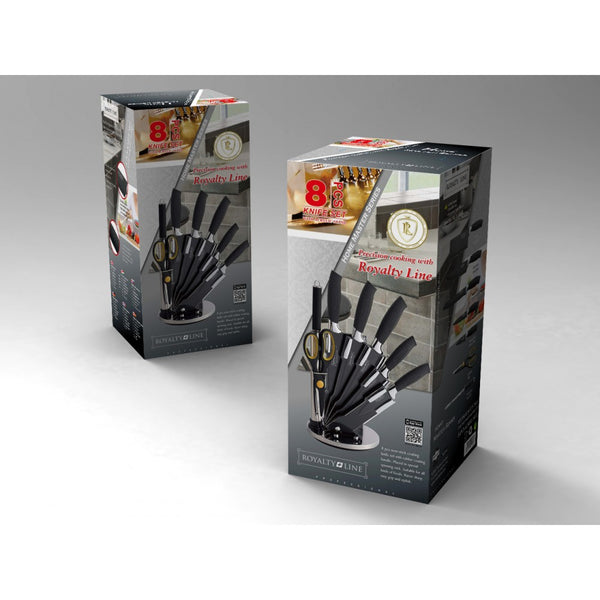 Royalty Line RL-BLK8-W : Ensemble de 8 couteaux à revêtement antiadhésif avec support