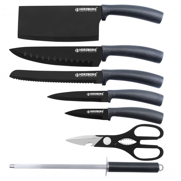 Herzberg HG-MSN8SLV: Ensemble de 8 couteaux avec support en acrylique - Carbonne