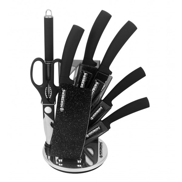 Herzberg HG-MSN8SLV: Ensemble de 8 couteaux avec support en acrylique - Marbre noir