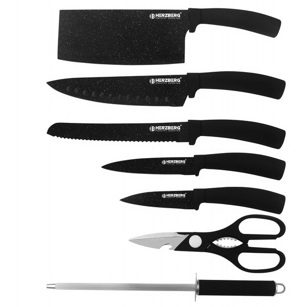 Herzberg HG-MSN8SLV: Ensemble de 8 couteaux avec support en acrylique - Marbre noir