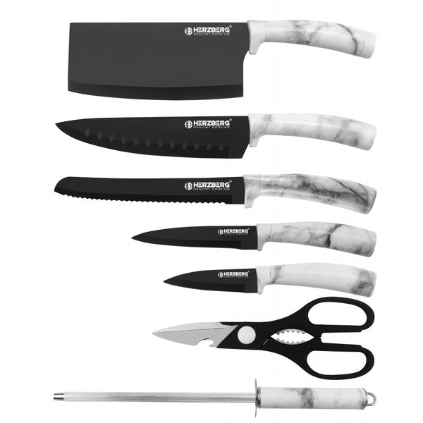Herzberg HG-MSN8SLV: Ensemble de 8 couteaux avec support en acrylique - Pierre